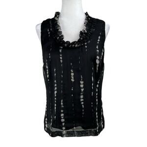 Ann Taylor Sheer Sleeveless Ruffle Collar Black Tie Dye Paint Splash Blouse M